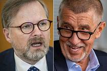 Premiér Petr Fiala (ODS) a lídr opozice Andrej Babiš (ANO).